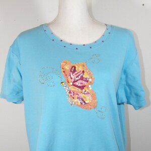 Blue Bobbie Bell Tee Shirt with Sequined & Beaded Butterfly on the Front XL
